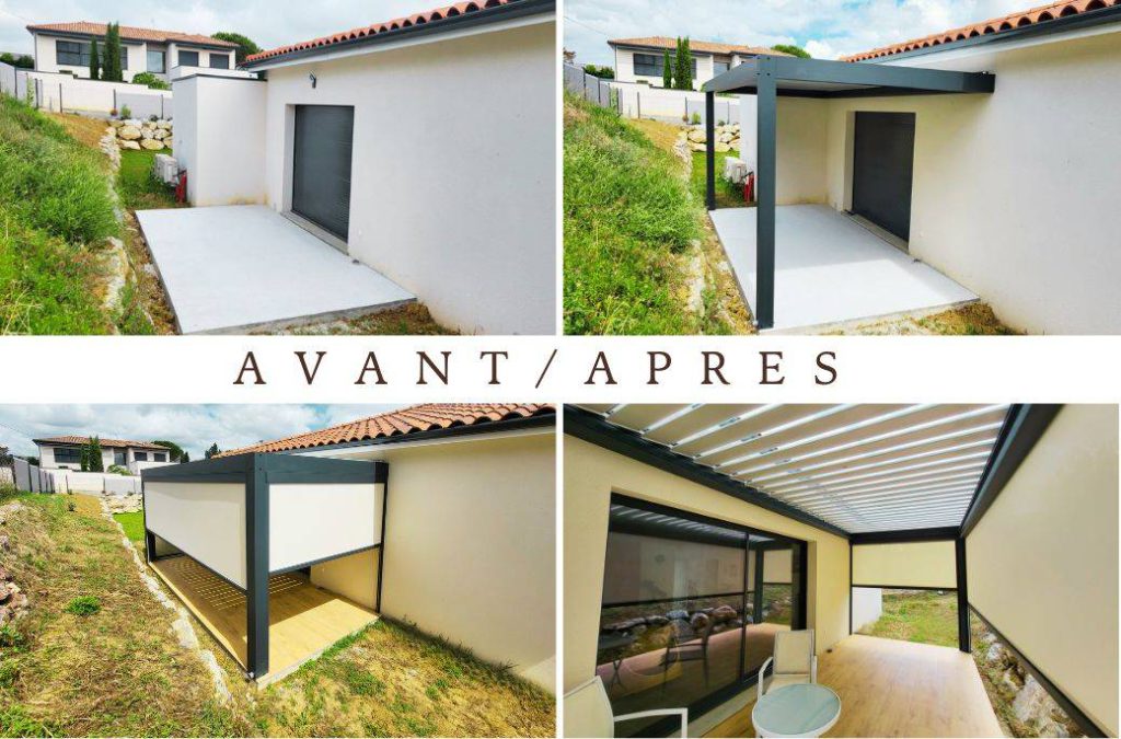 Pergola bioclimatique sur mesure adossée avec option stores zip à L’Isle Jourdain : le choix idéal pour votre terrasse