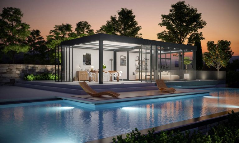 Pergola hybride évolutive avec rideaux de verre style Poolhouse – Toulouse (31)